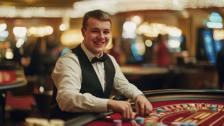 Dealer perempuan profesional memandu meja baccarat di studio kasino langsung sdtoto